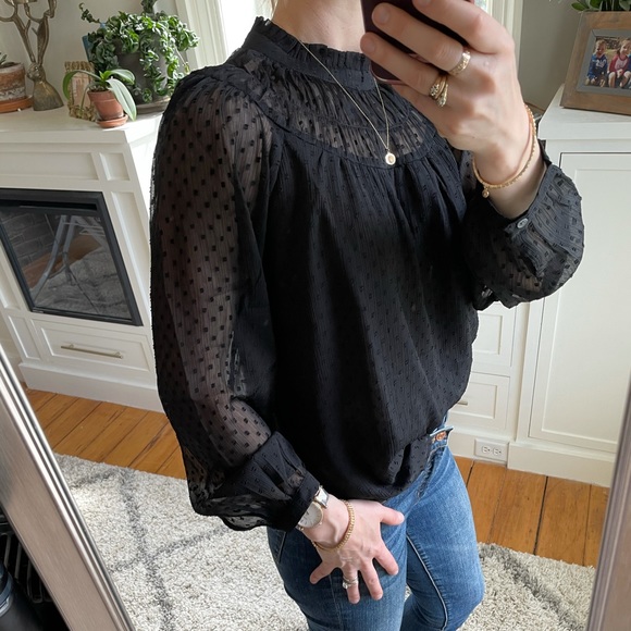 Loft clip dot shirred ruffle neck blouse. - Picture 4 of 10